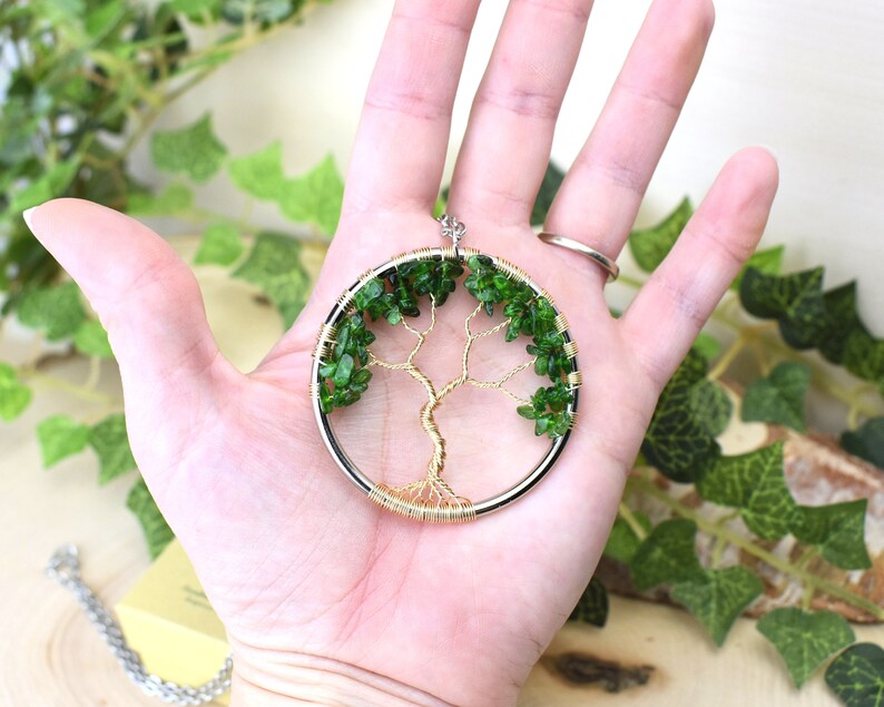 Chrome Diopside Tree of Life Necklace Green Gemstone Gold Pendant Wire Jewelry Genealogy Gift for Women, Mom, Wife, Girlfriend, Sister image 3