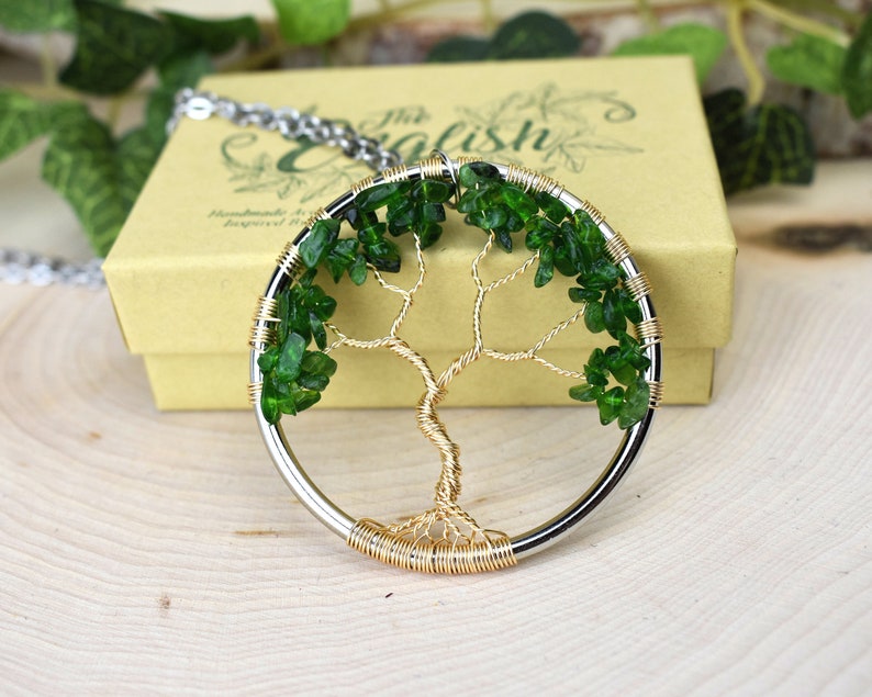 Chrome Diopside Tree of Life Necklace Green Gemstone Gold Pendant Wire Jewelry Genealogy Gift for Women, Mom, Wife, Girlfriend, Sister image 2