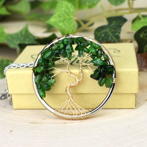 Chrome Diopside Tree of Life Necklace Green Gemstone Gold Pendant Wire Jewelry Genealogy Gift for Women, Mom, Wife, Girlfriend, Sister image 4