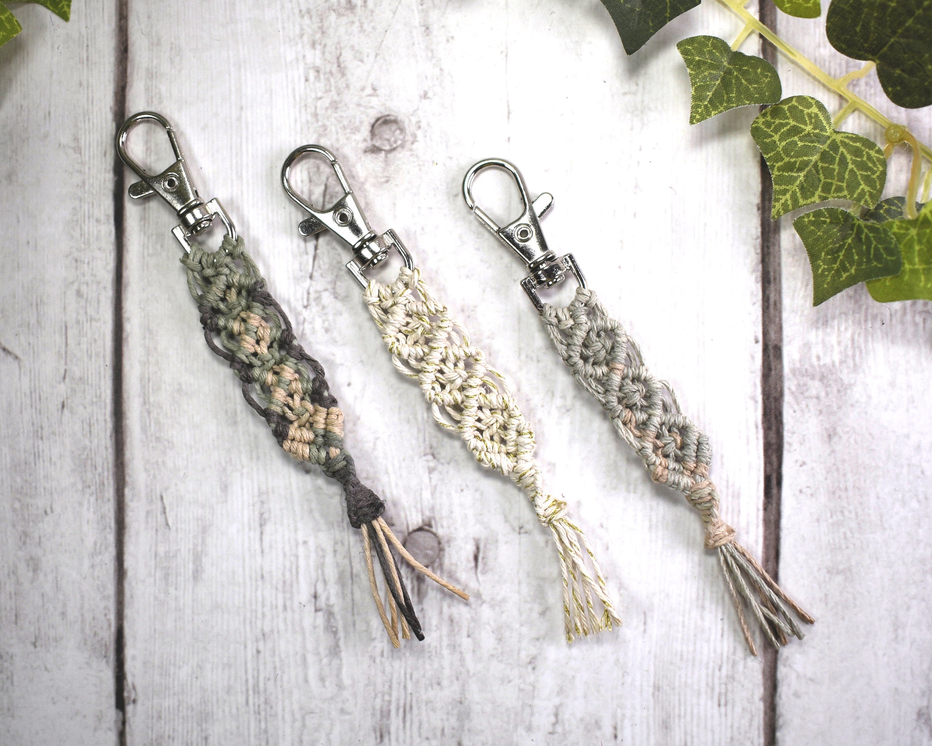 Mini Macrame Keychain With Hemp Cord Stainless Steel Clasp