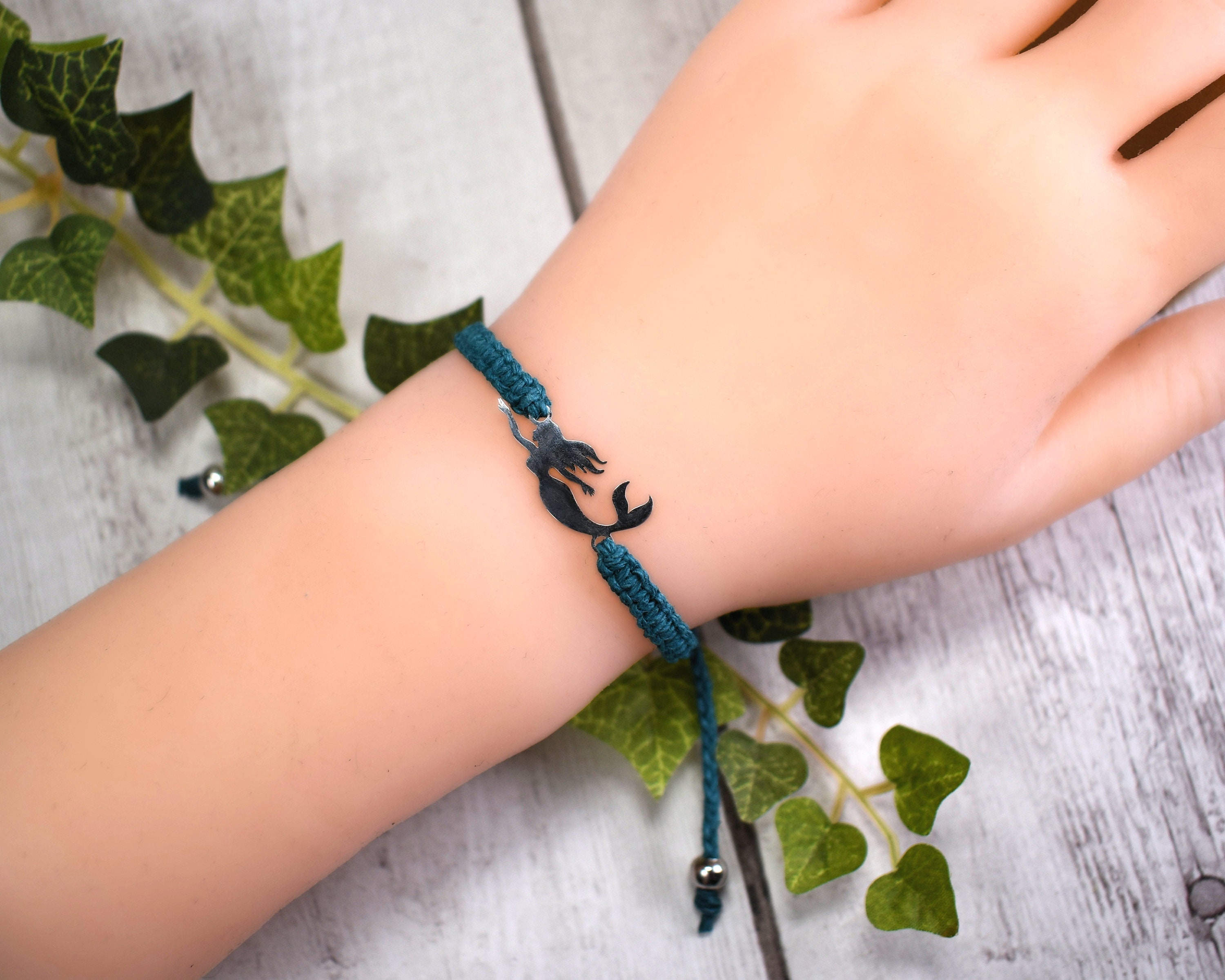 Bracelet Infinity Réglable Avec Breloque Sirène - Perles Noires/Grises - Longueur 17-22 Cm - Neuf