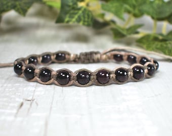 Natural Garnet Hemp Bracelet for Men or Women - January Birthstone Jewelry Gifts