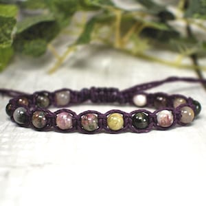 Bracelet de perles de tourmaline mélangées naturelles pour homme ou femme - Bracelet en chanvre et Shamballa - Bijoux de pierre de naissance d&#39;octobre - Cadeau pour 8e anniversaire
