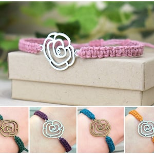 Rose Bracelet - Adjustable Hemp Flower Jewelry - Flower Girl Gift For Her - Floral Nature Gardener Jewelry - Silver Rosebud - Gardening Gift