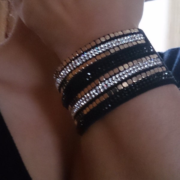 Black leather layered bracelet, Layered bracelet, rhinestone layered bracelet, rhinestone bracelet,  gift ideas for her