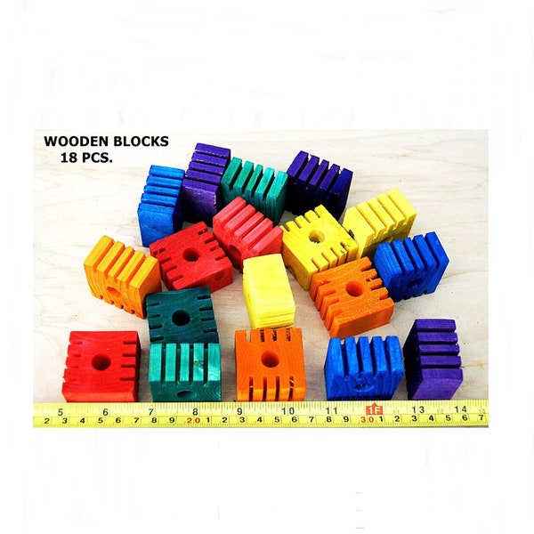 Parrot Bird Toy Parts Supply Wooden Grooved Colored Blocks cockatoo mini macaw 18 Pcs  Size 1.5"x1.5"x7/8"