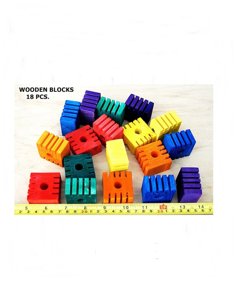 Parrot Bird Toy Parts Supply Wooden Grooved Colored Blocks Cockatoo