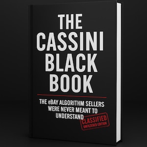 May include: A black book titled "THE CASSINI BLACK BOOK" in white capital letters. Below the title, the text reads "THE EBAY ALGORITHM SELLERS WERE NEVER MEANT TO UNDERSTAND." A red stamp reads "CLASSIFIED UNFILTERED EDITION."