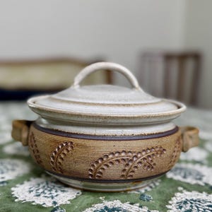 Vintage Stoneware Casserole Dish: Embossed Vine Design, Rustic Lidded Baker