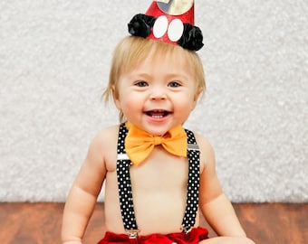 Mickey Mouse First 1st Second 2nd Birthday Outfit Boy, Suspenders, Bow Tie, Diaper Cover Smash Cake Photo Outfit, Custom Birthday Outfit