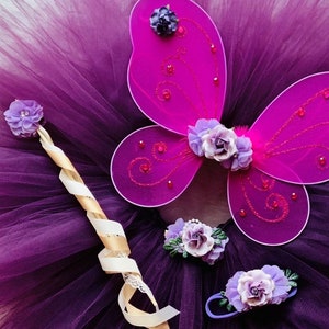 Purple Floral Fairy Woodland Butterfly Birthday Outfit Costume Tutu Wings Wand Flower Headband Set