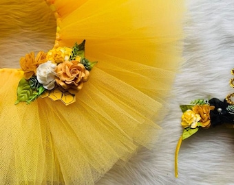 Primer cumpleaños de niña con tutú de abeja, disfraz de abejorro, traje de abeja melífera para su primer cumpleaños, dulce como una abeja, tutú amarillo