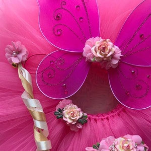 Pink Floral Fairy Woodland Butterfly Birthday Outfit Costume Tutu Wings Wand Flower Headband Set