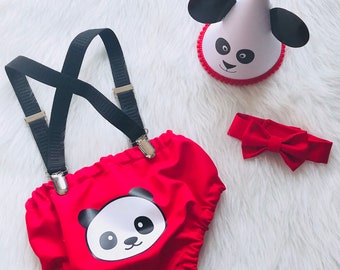 Panda Geburtstagstorte Smash Outfit, Panda Windel Cover, Panda Geburtstagsmütze, Rote Fliege