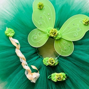 Green Floral Fairy Woodland Butterfly Birthday Outfit Costume Tutu Wings Wand Flower Headband Set
