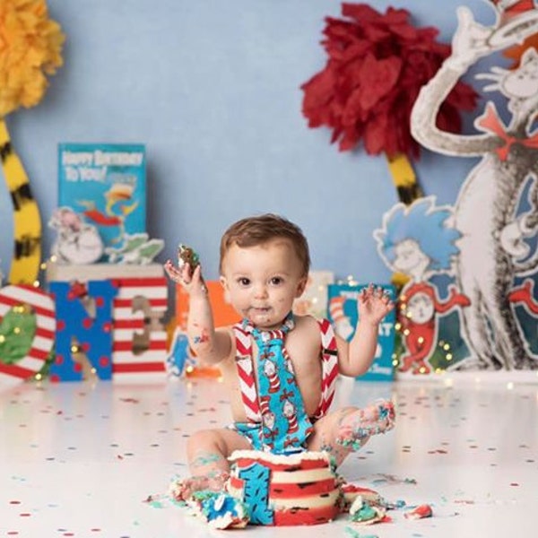 Cake Smash Outfit Boy 1st Birthday Outfit Diaper Cover Tie Suspenders Tie Bloomers Dr Seuss Oh the Places You Will Go Cat in the Hat