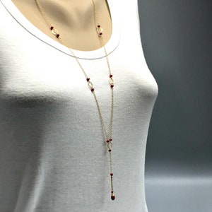 Ruby Y Necklace,July Birthstone,Long Delicate Necklace, Simple Layering Necklace,Genuine Ruby Bar Necklace, Gold Lariat Necklace