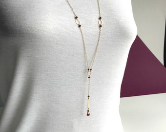 Garnet Y Necklace,January Birthstone Lariat, Dainty Gemstone Necklace, Layering Delicate Necklace, Long Bar Necklace, Cute Necklace