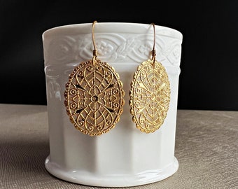 Boho Gold Oval Filigree Earrings,Geometric Filigree Earrings,Elegant Arabesque Earrings,Geometric Filigree Earrings,Stylish Boho Accesories