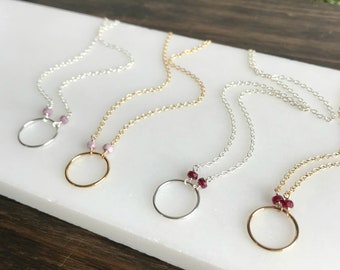 Gold Circle Pendant Ruby Pendant July Birthstone Necklace Dainty Necklace Open Circle Necklace Karma Necklace Eternity Necklace Gift for Mom