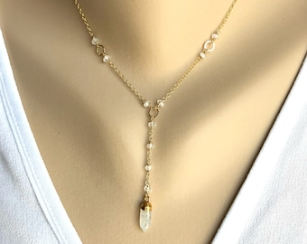 Y Halskette Mondstein Halskette Juni Birthstone Zarte Lariat Kurze Y Halskette Zierliche Halskette Layering Halskette Schwarze Halskette