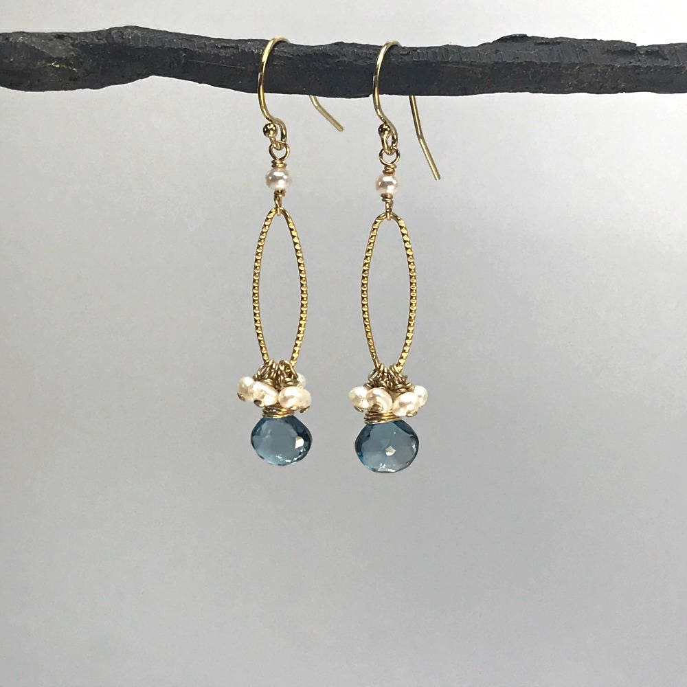 Blue Topaz Earrings Cluster Earrings Pearls Earrings December | Etsy