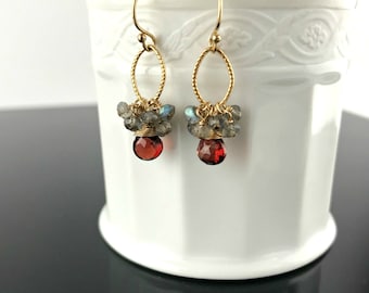 Genuine Garnet Earrings, January Birthstone Jewelry, Labradorite Earrings,Two Stone Earrings,Teardrop Earrings, Dainty Cute Earrings