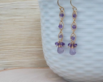 Purple Amethyst Earrings,February Birthstone Earrings,Gold Drop Dangle Earrings,Dainty Simple Earrings,Handmade Gemstone Earrings
