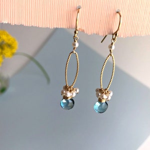 Blue Topaz Earrings Cluster Earrings Pearls Earrings December Birthstone Delicate Earrings Drop Earrings Dainty Earrings Blue Earrings