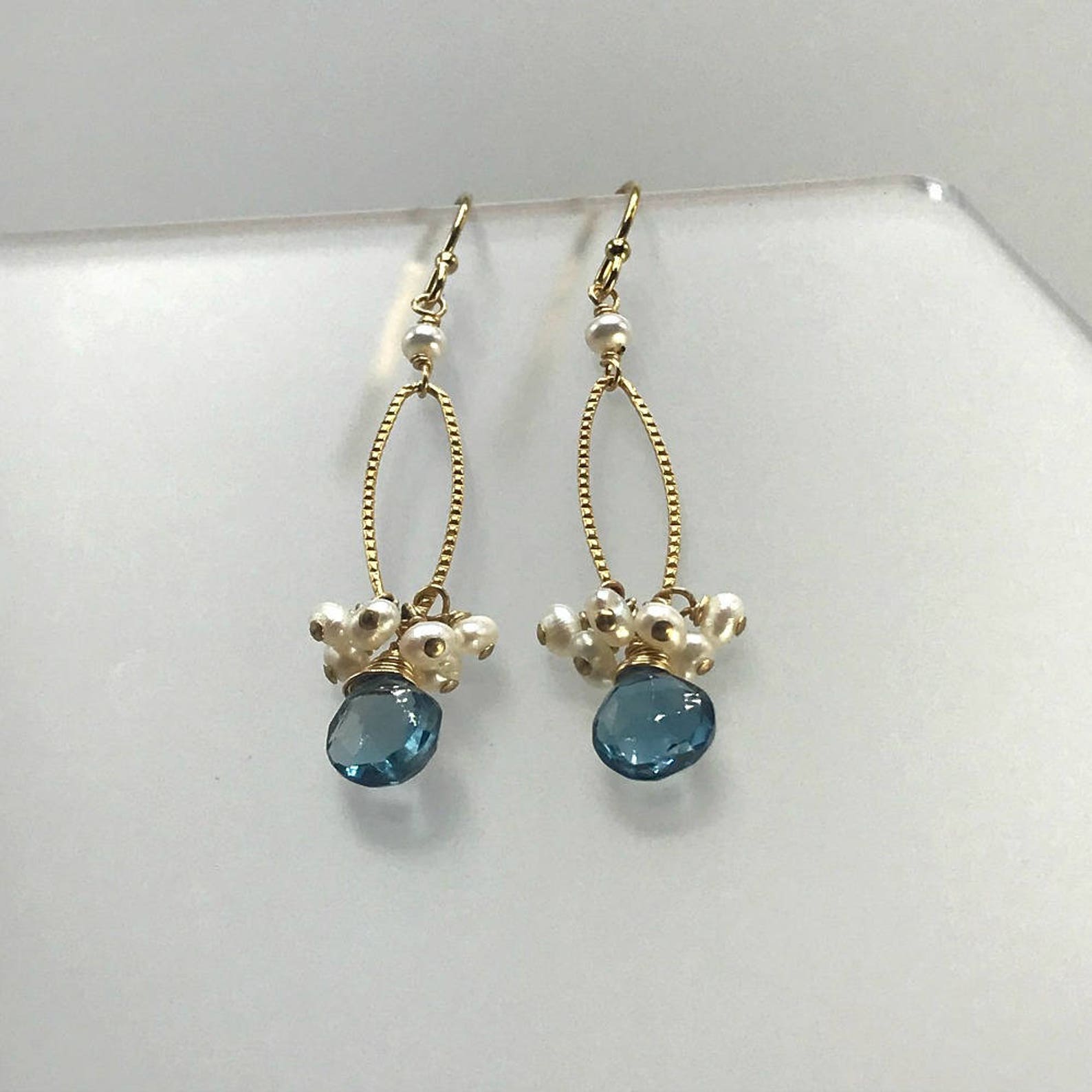 Blue Topaz Earrings Cluster Earrings Pearls Earrings December | Etsy