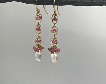 Pink Tourmaline Earrings,Rose Quartz Earrings,October Birthstone,Cute Linear Earrings,Cluster Earrings, Dainty Earrings,Pink Earrings