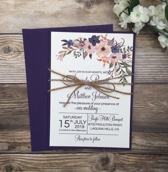 Rustic Wedding Invitation Purple Floral Wedding Invitation Etsy