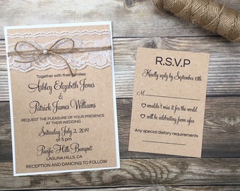 Rustic /vintage wedding invitation, rustic lace wedding invitation, twine wedding invitation, lace wedding invitation, kraft invitation