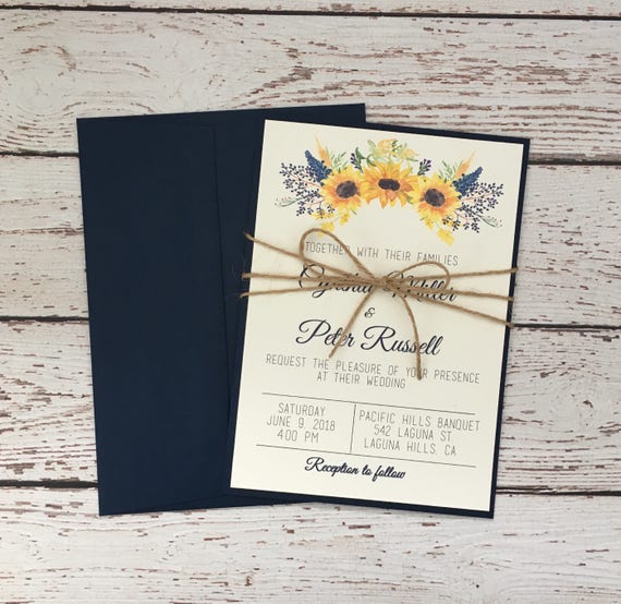 sunflower invitation navy sunflower wedding invitation navy etsy