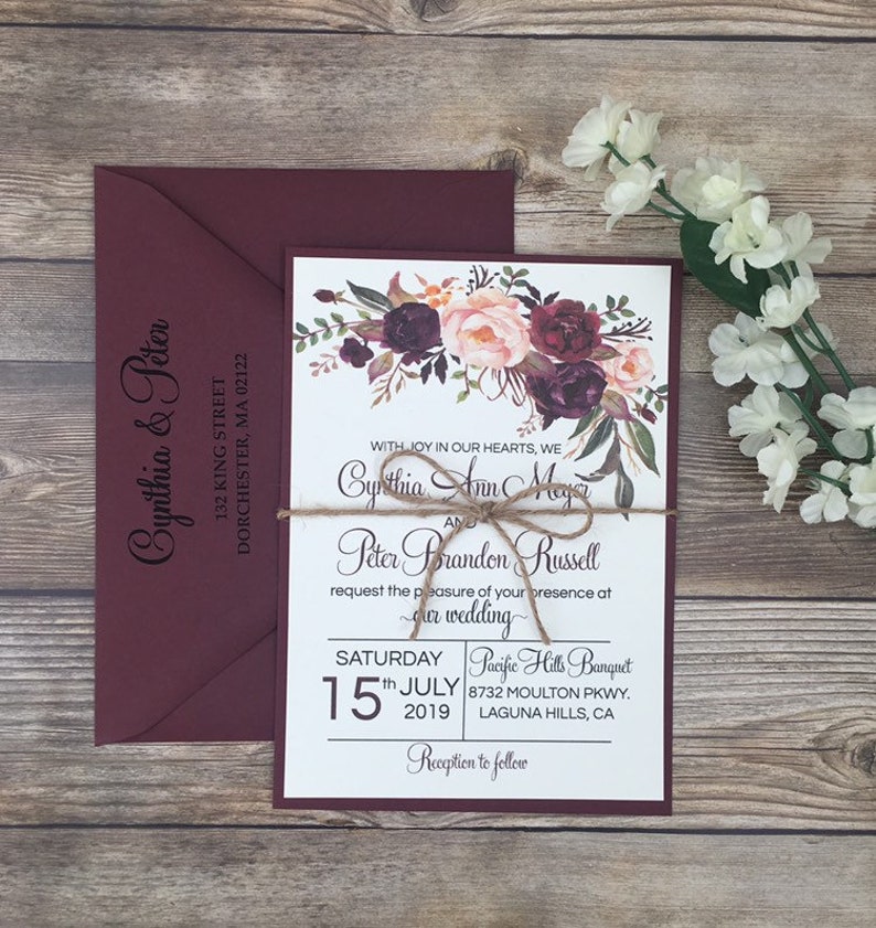 Rustic wedding invitation boho chic invitation burgundy Etsy