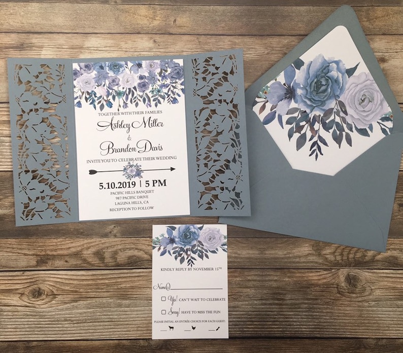 Dusty blue wedding invitation dusty blue floral invitation | Etsy