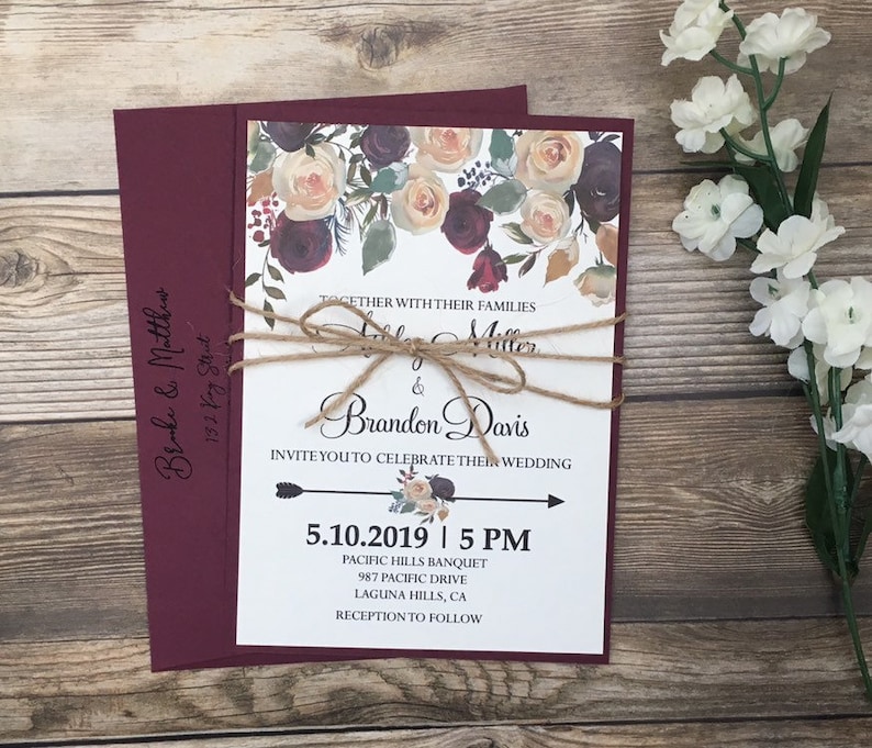 Wine and champagne wedding invitation burgundy floral Etsy