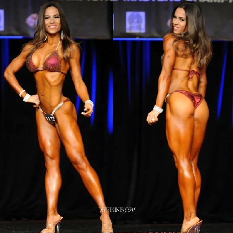 Bikini model on stage, showing how the competition bikini looks from the back and the front