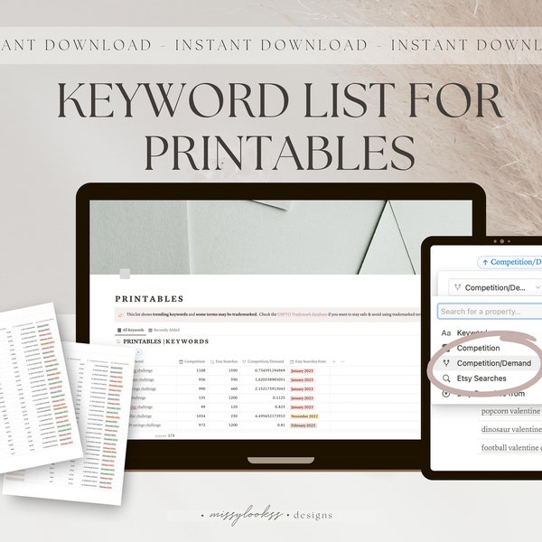 Etsy SEO Keywords List for Selling Printables - Perfect for Product Research, Product Ideas & Etsy Tags and Titles - Listing Optimization