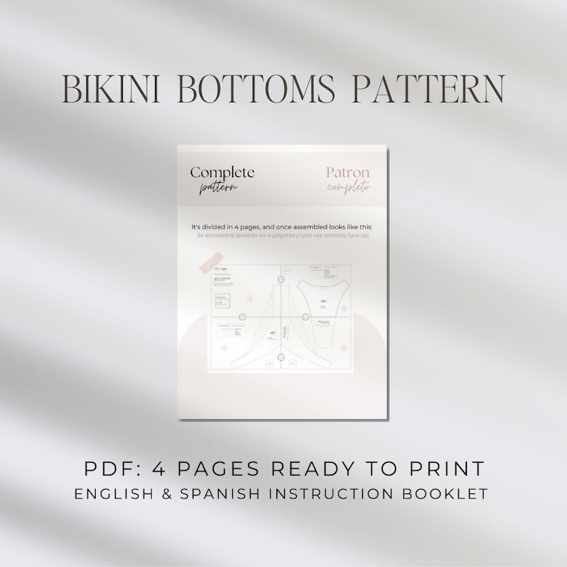 A sheet of paper showing how the bikini bottoms pattern looks like once the pages are printed and put together to cut fabric and sew it.