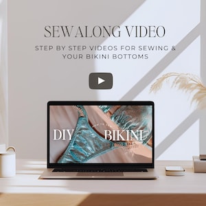 Computer on a desk showing the thumbnail of the sew along video for a DIY bikini bottom