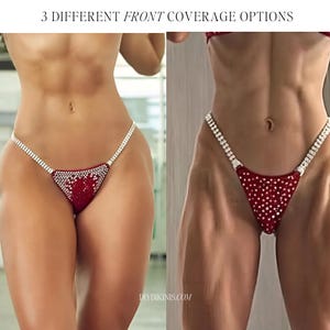 2 bodybuilding competitors wearing different front coverages, from bikinis made using this npc bikini bottoms pattern
