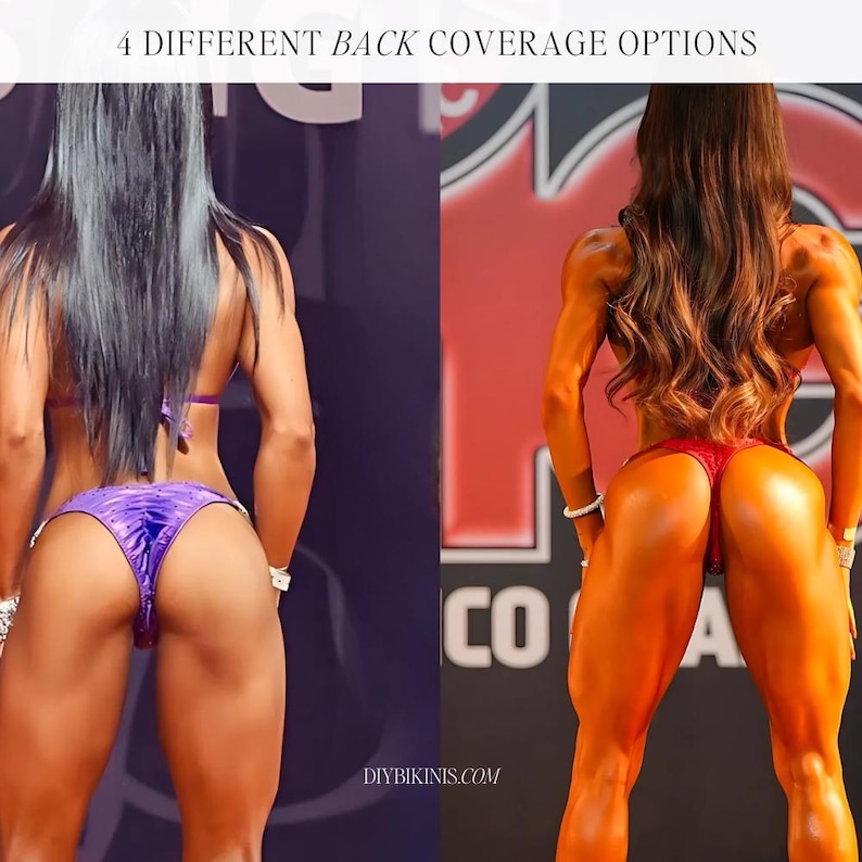 2 bikini competitors on stage showing 2 of the 4 different back coverage options included in this pdf digital sewing pattern