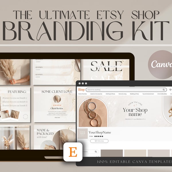 Etsy Shop Kit Esthetisch - Eenvoudige branding Etsy Store-installatie - 53 Canva-sjablonen: bannermodellen + aanbiedingssjabloon + winkellogo + meer afbeeldingen