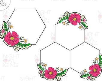 NEW! Molly Floral Hexagon Plaque Cookie Cutter by The Night Owl Icing, Hexagon Plaque Cookie Cutter, Floral Hexagon Cookie Cutter, Hexagon