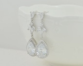 Bridal Silver Teardrop Crystal Earrings, Wedding Drop Earrings, Brides Cubic Zirconia Simple Earrings Jewellery, Bridesmaids Earrings
