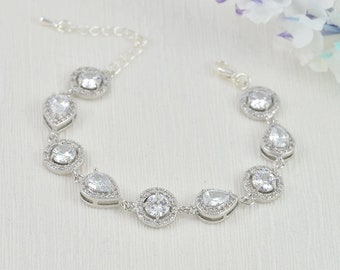 Silver Crystal Drop Bridal Bracelet Wedding Jewellery, Bridesmaids Cubic Zirconia Bracelet, Wedding Brides Halo Style Bracelet - Kyle Zara