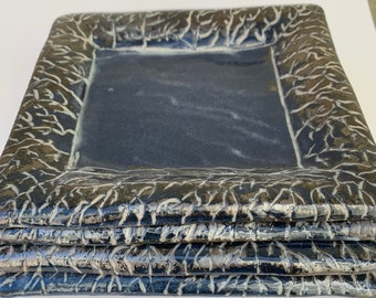 Set of 4 Sgraffito Handmade Ceramic Square Plates - Salad / Dessert / Tapas - Dark Navy Blue & Gray - Modern Rustic