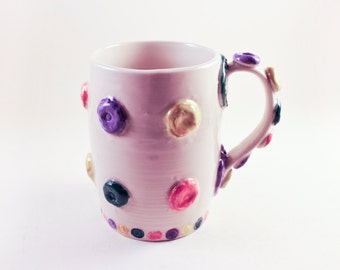 Polka-Dot Porcelain Mug, Embellished with Spirals and Coils, Teal / Purple / Yellow / Pink
