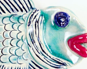 Ceramic Fish Dish Spoon Rest / Sushi Dish /Soap Dish / Bath Decor, Aqua Green/Blue, with Wire Hanger and RED LIPS